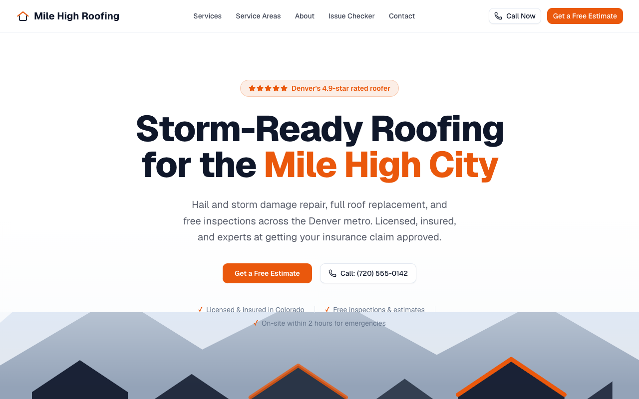 Preview of Mile High Roofing Co. demo website